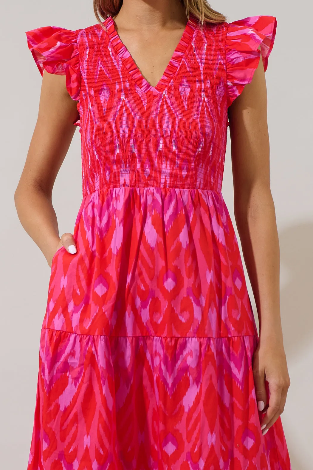 Blevin Ikat Sunfire Smocked Bodice Tiered Midi Dress sold by Sugarlips product image thumbnail 4