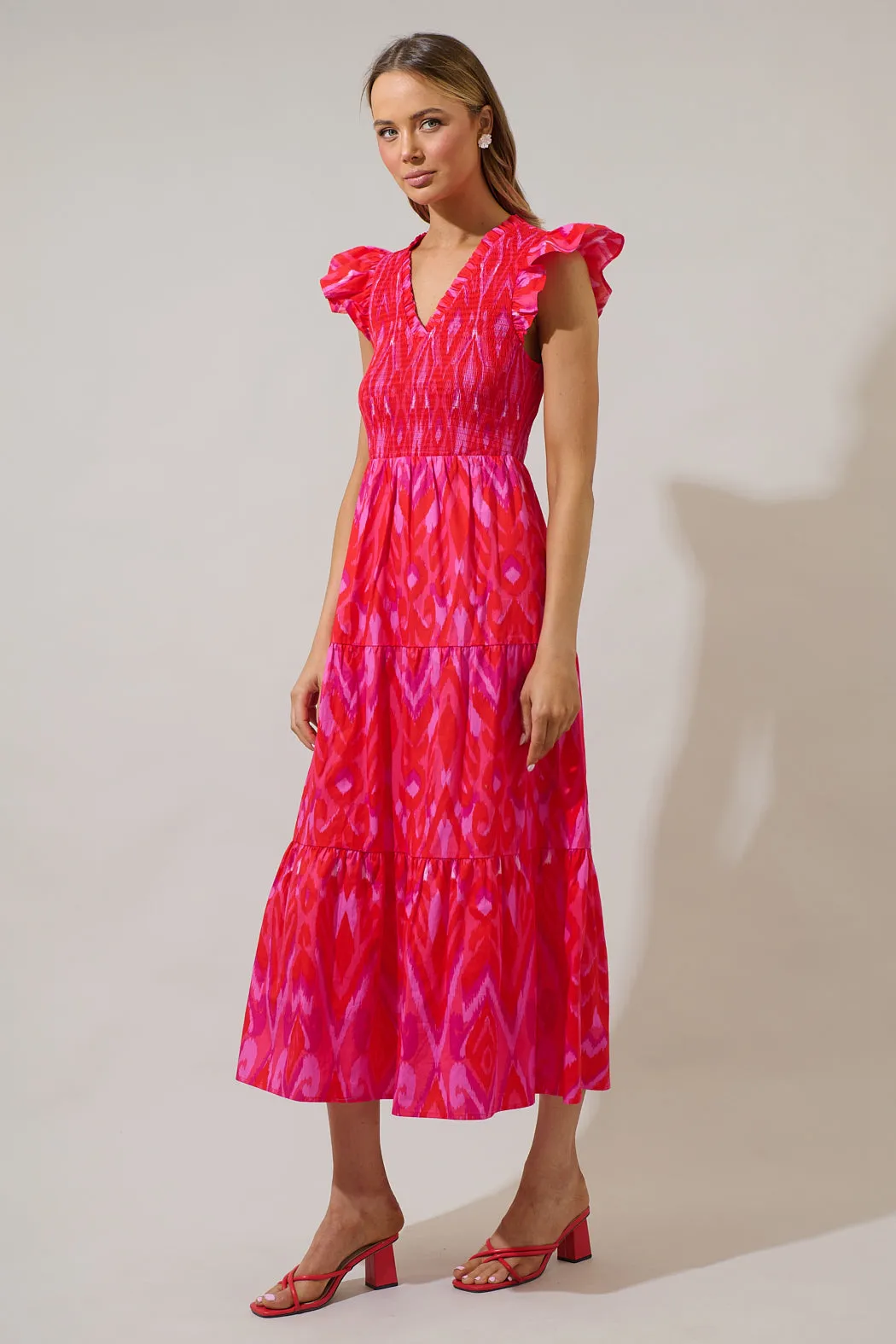 Blevin Ikat Sunfire Smocked Bodice Tiered Midi Dress sold by Sugarlips product image thumbnail 3