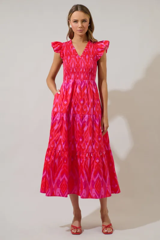 Blevin Ikat Sunfire Smocked Bodice Tiered Midi Dress sold by Sugarlips