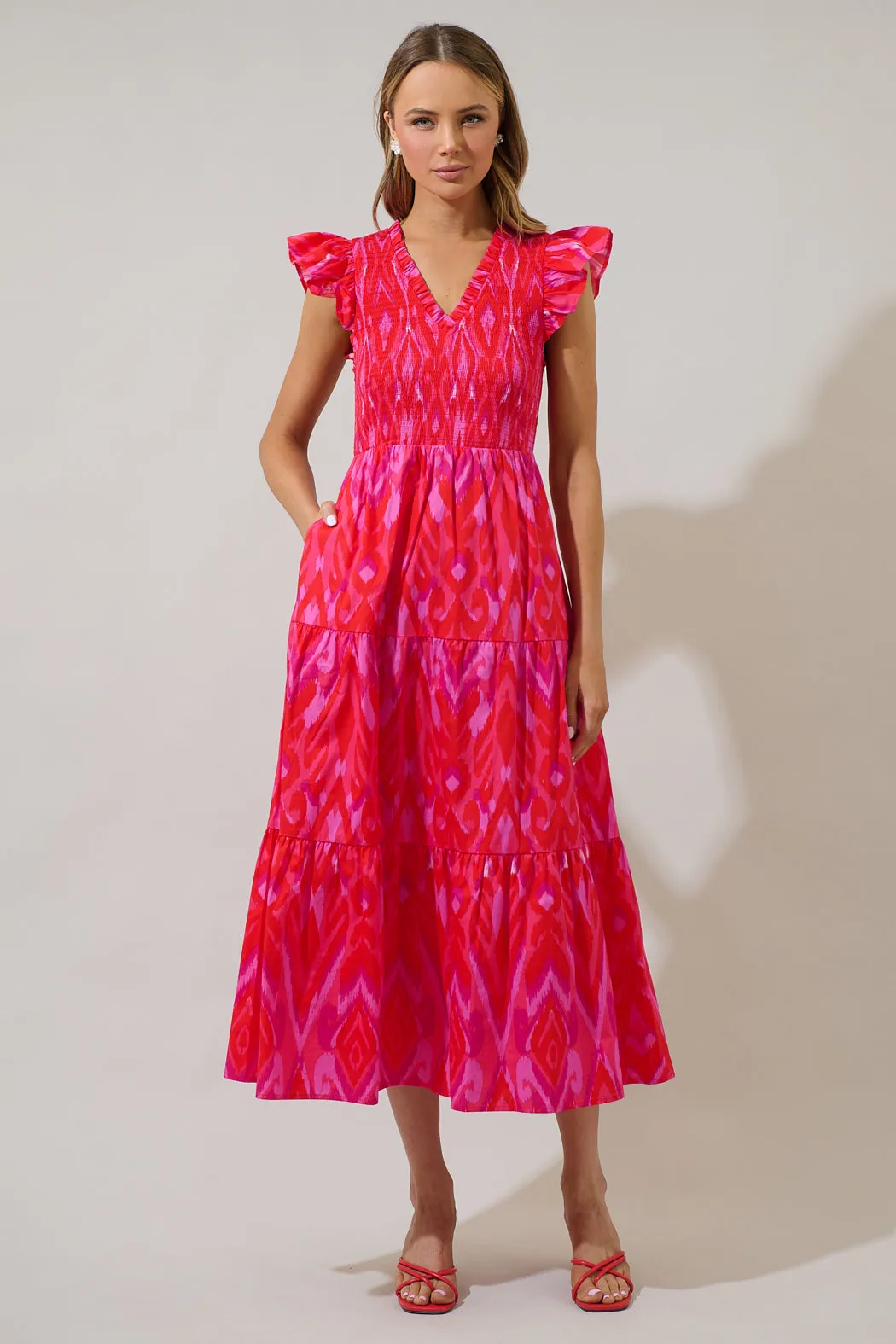 Blevin Ikat Sunfire Smocked Bodice Tiered Midi Dress sold by Sugarlips