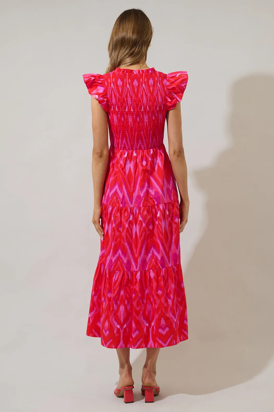Blevin Ikat Sunfire Smocked Bodice Tiered Midi Dress sold by Sugarlips product image thumbnail 2