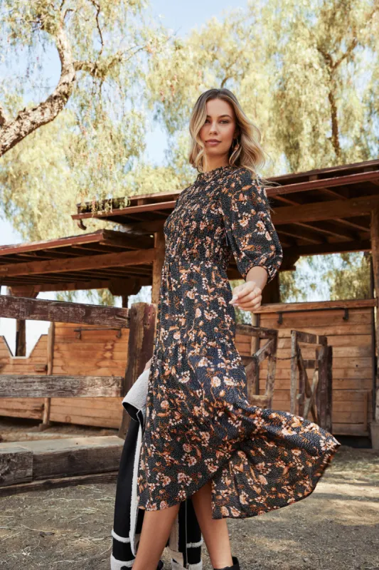 Zana Floral Dot Frazier Smocked Tiered Midi Dress sold by Sugarlips