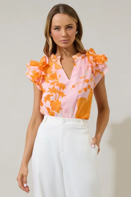 Lenira Floral Ramona Ruffle Split Neck Top sold by Sugarlips