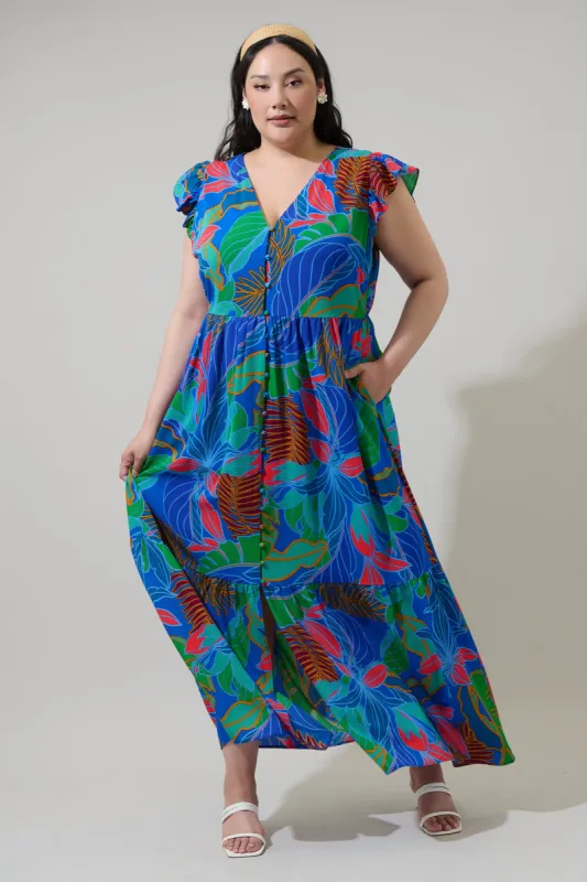 Malton Tropical Evianna Button Down Flutter Maxi Dress Curve sold by Sugarlips