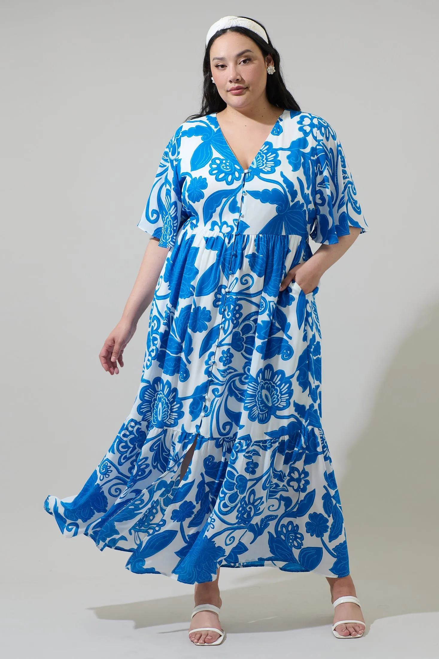 Iva Floral Pismo Button Down Flutter Maxi Dress Curve sold by Sugarlips