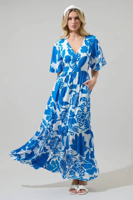 Iva Floral Pismo Button Down Flutter Maxi Dress sold by Sugarlips