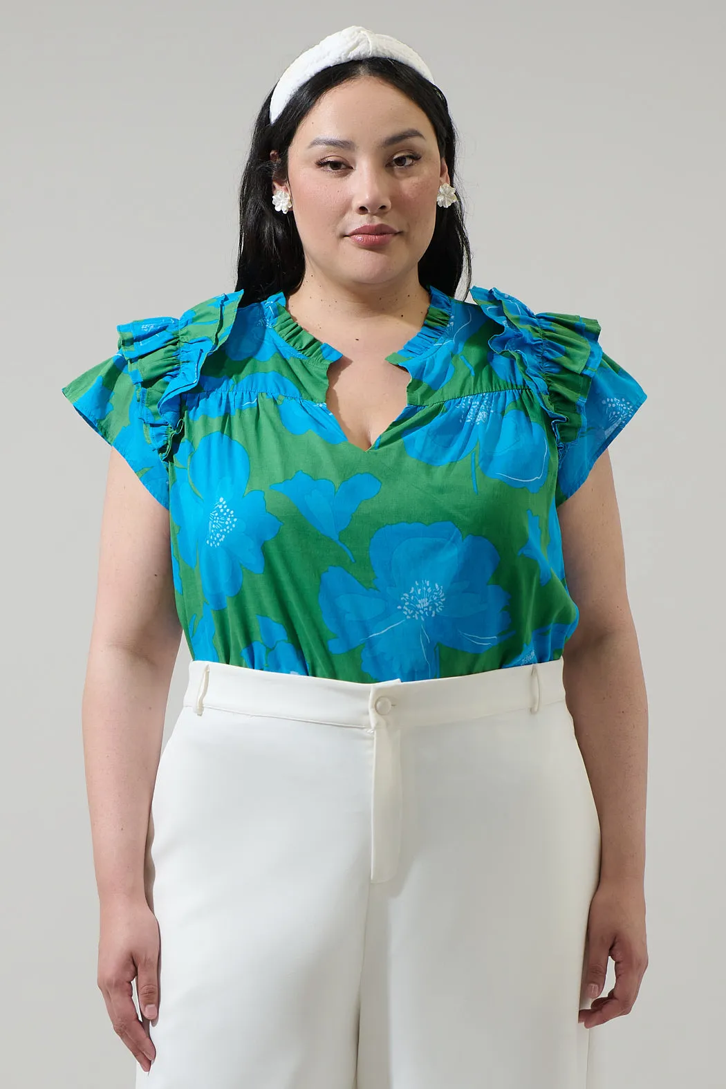 Rori Floral Ramona Ruffle Split Neck Top Curve sold by Sugarlips
