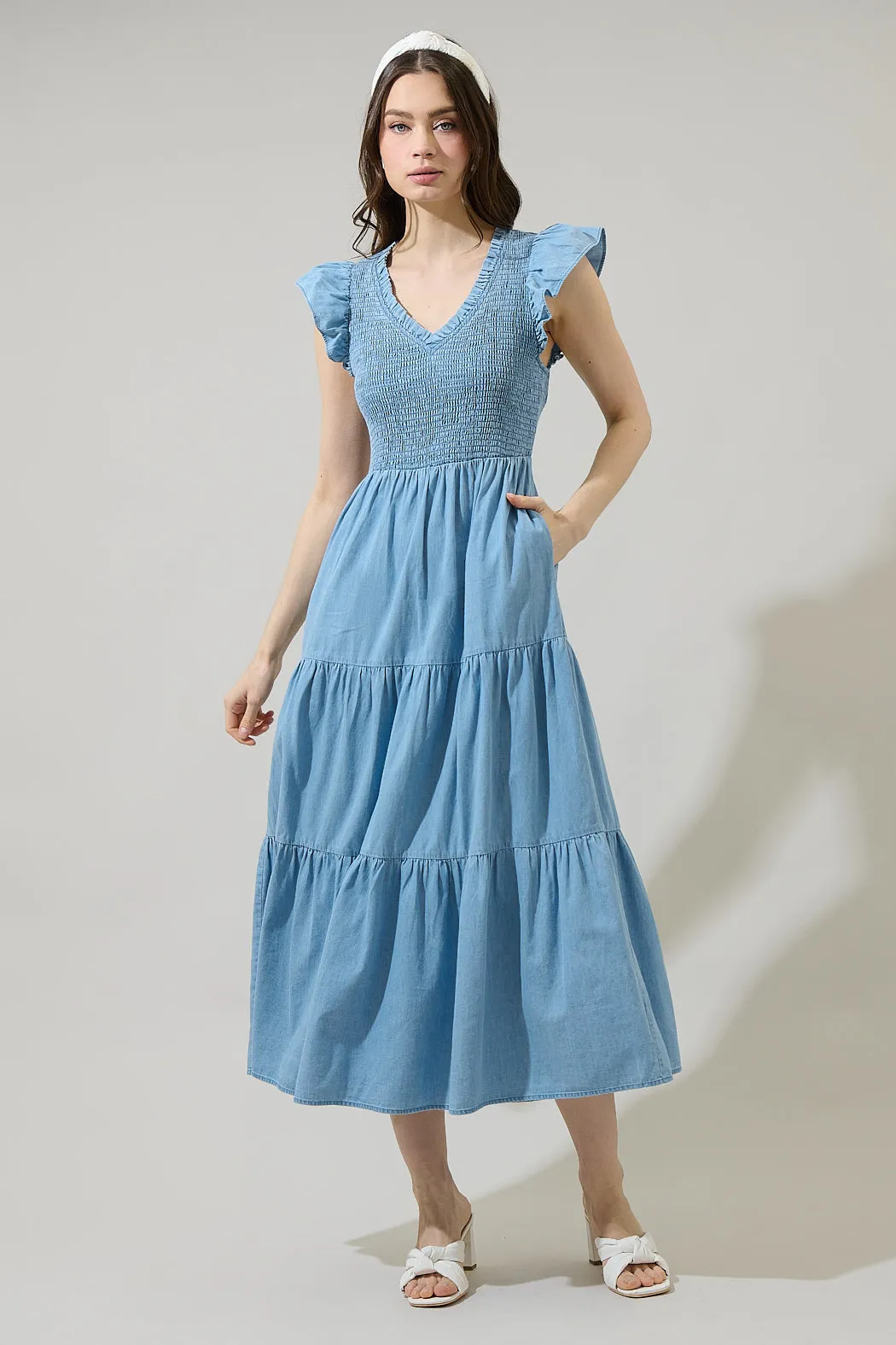 Cierra Denim Sunfire Smocked Bodice Tiered Midi Dress sold by Sugarlips