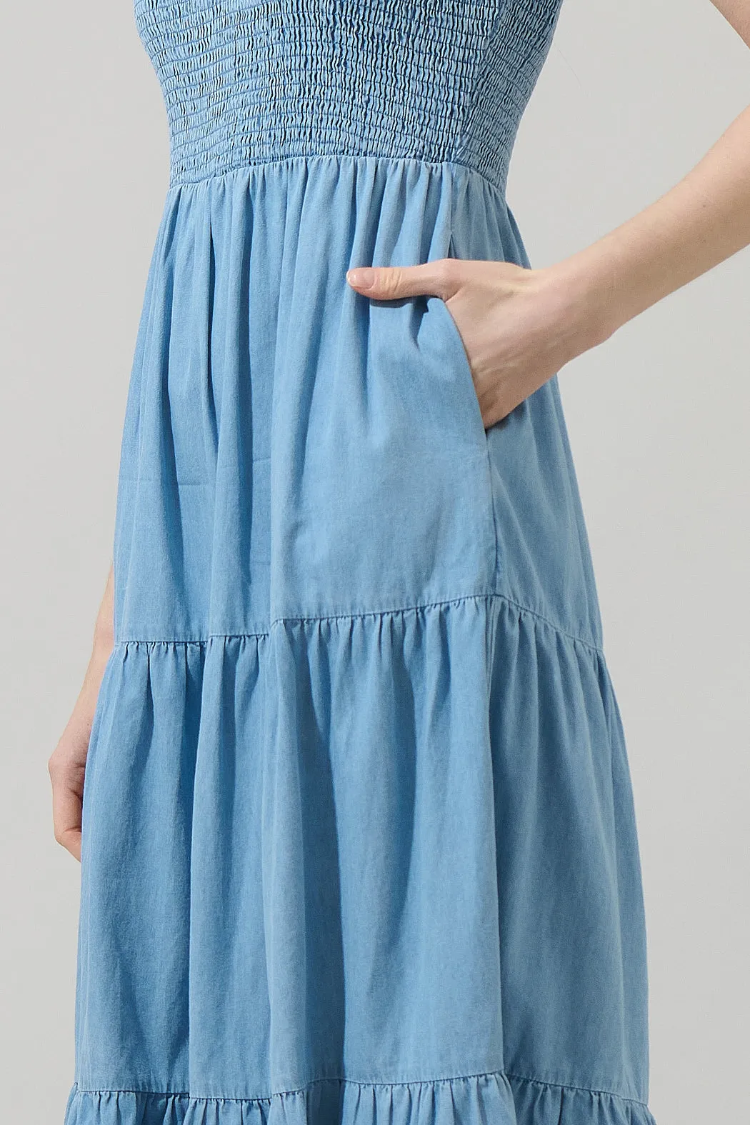 Cierra Denim Sunfire Smocked Bodice Tiered Midi Dress sold by Sugarlips product image thumbnail 4