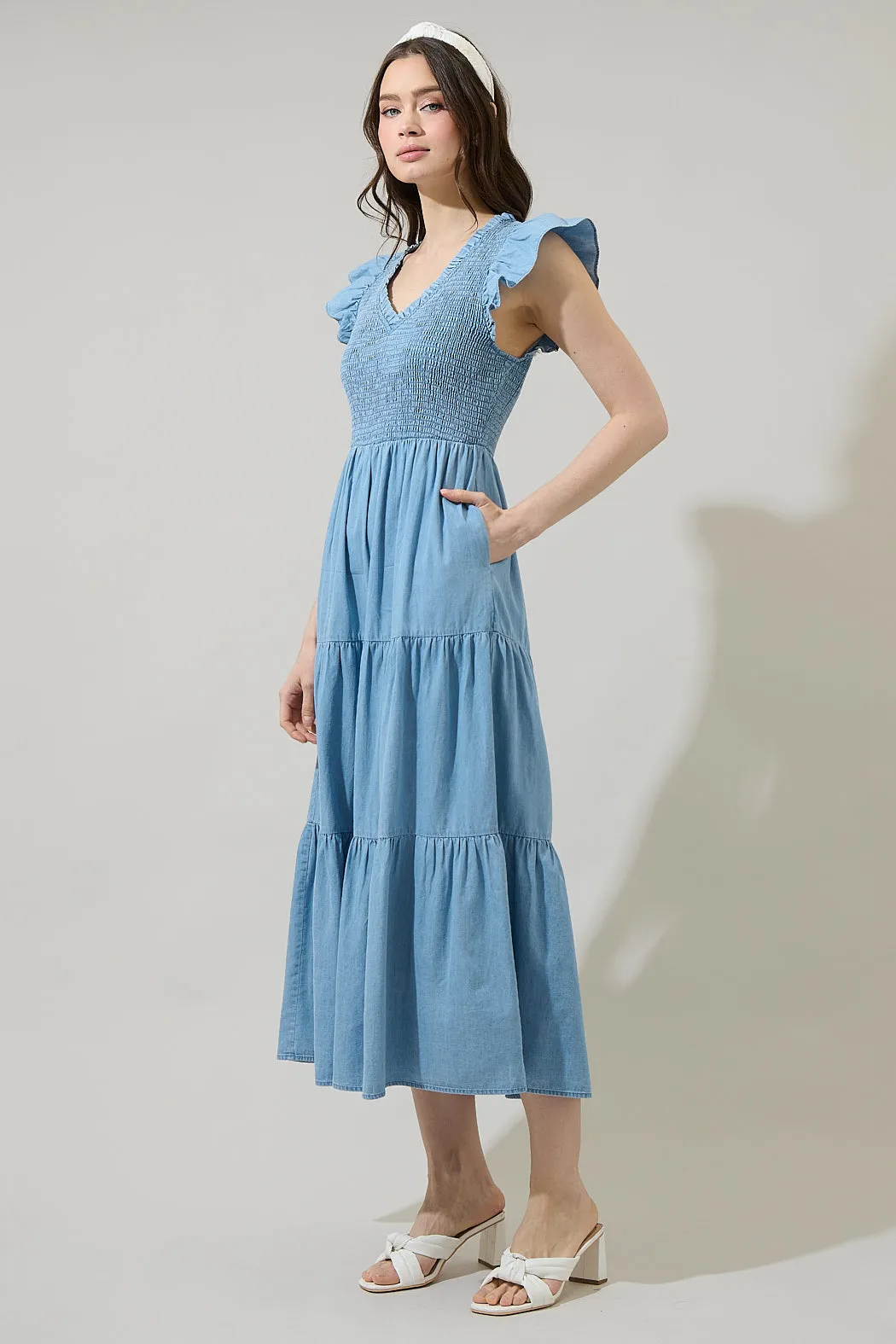 Cierra Denim Sunfire Smocked Bodice Tiered Midi Dress sold by Sugarlips product image thumbnail 3