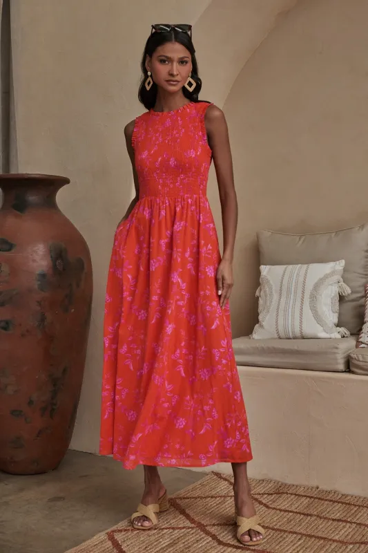 Fia Floral Cecil Smocked Sleeveless Midi Dress sold by Sugarlips