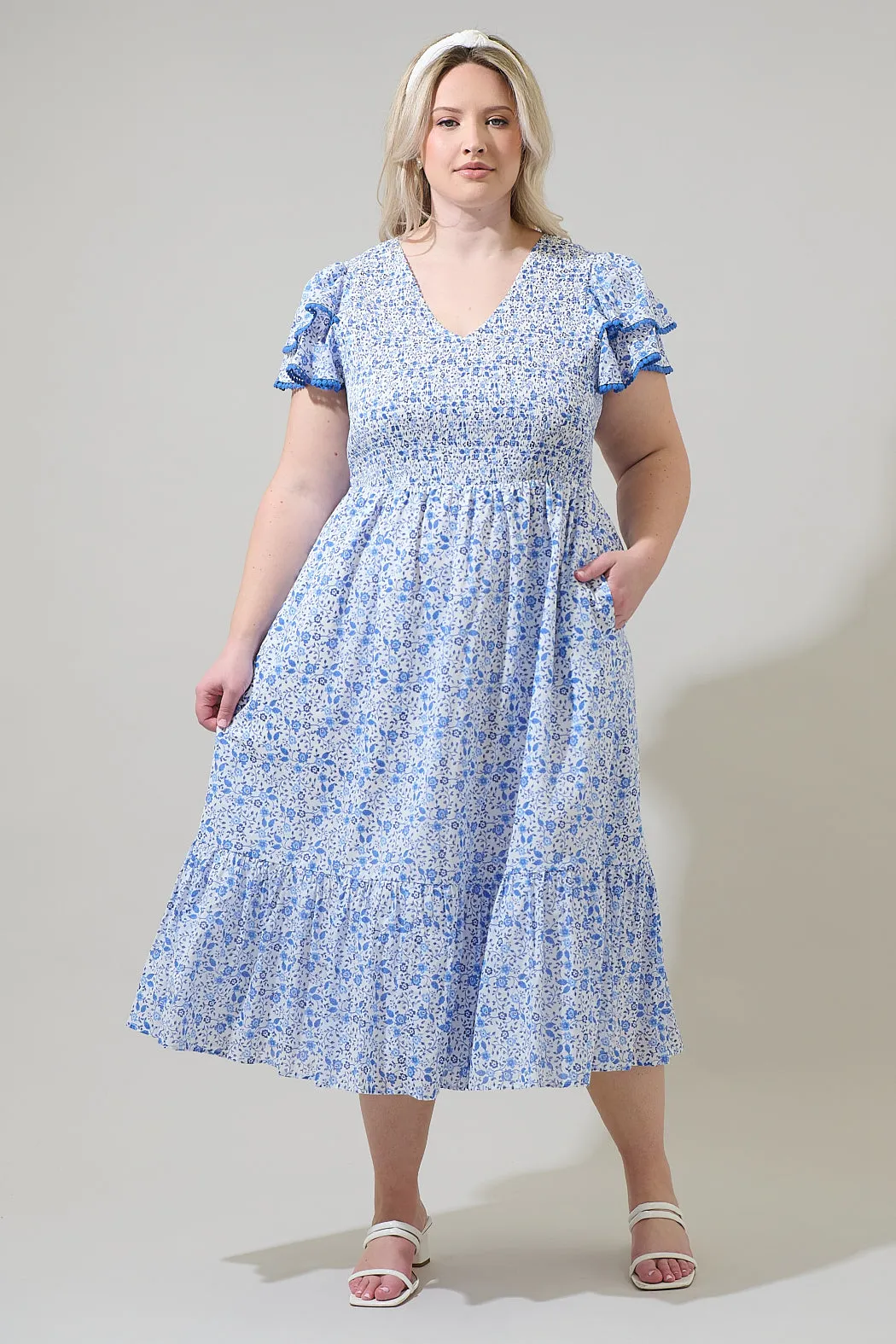 Maisie Floral Patte Tiered Midi Dress Curve sold by Sugarlips