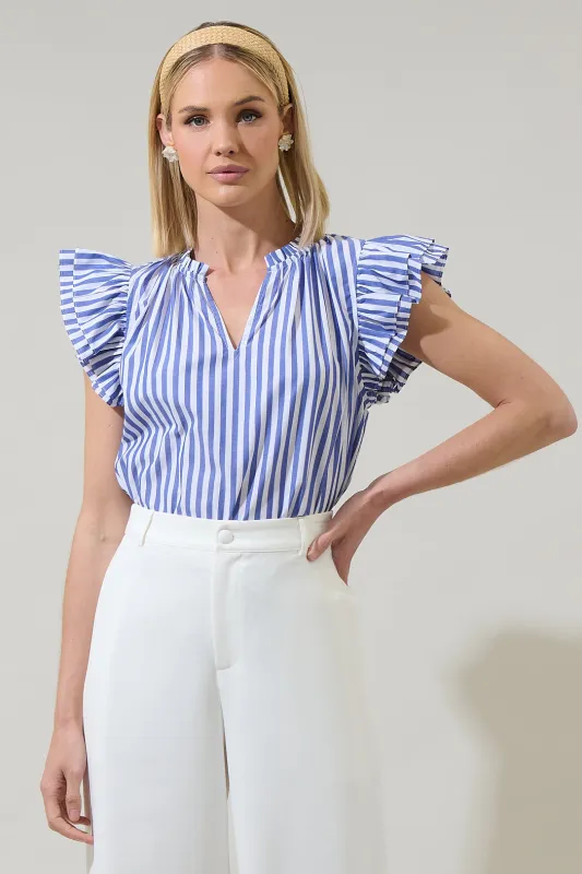 Brandy Striped Risette Ruffle Split Neck Top sold by Sugarlips