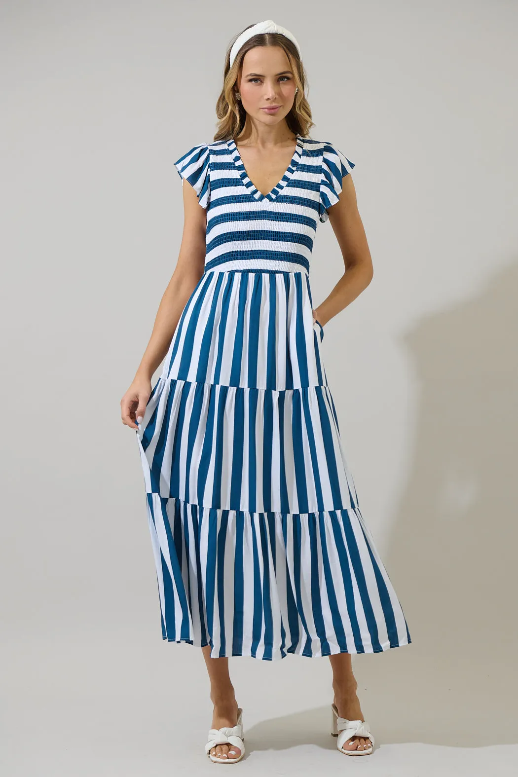 Emerly Striped Sunfire Tiered Midi Dress sold by Sugarlips