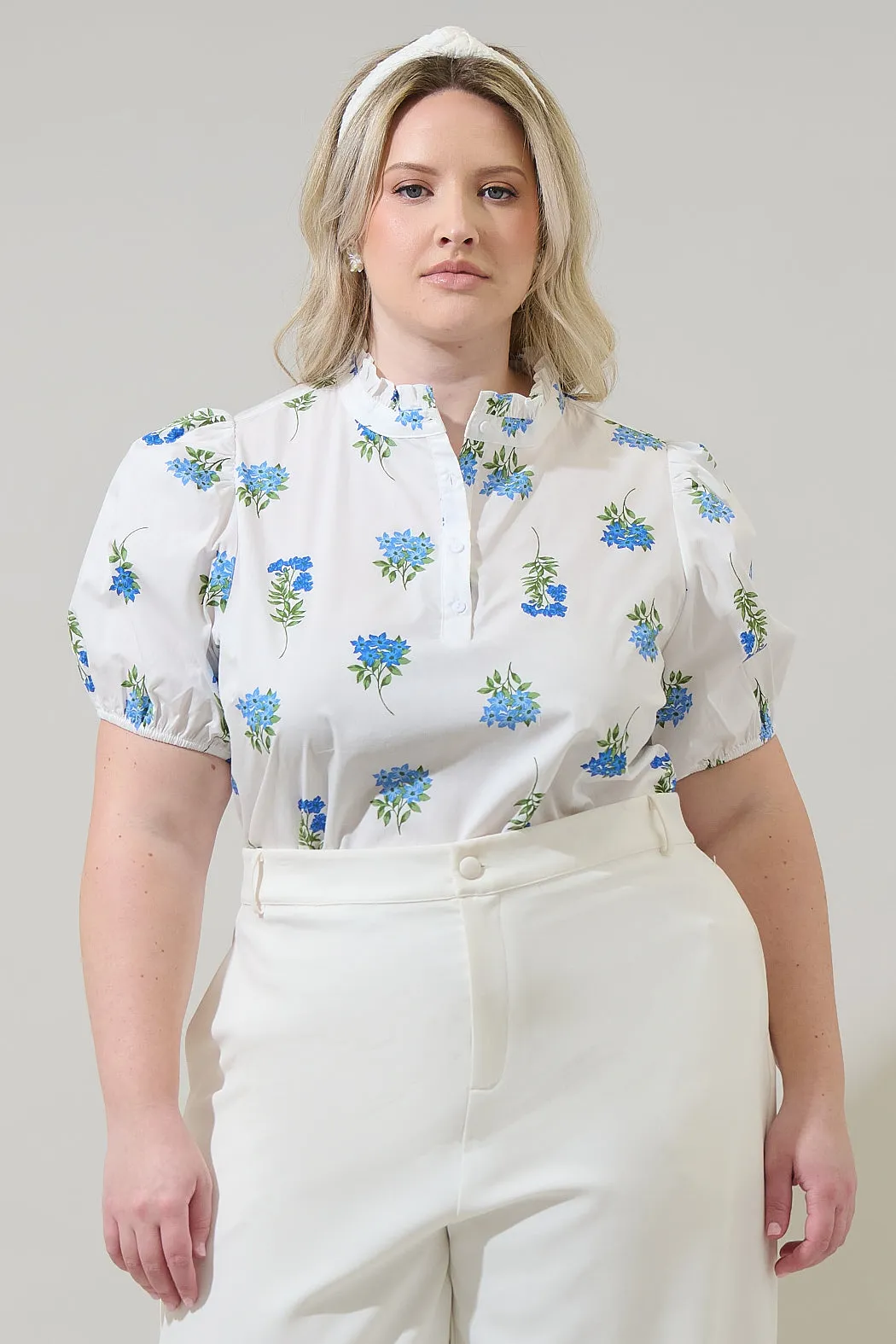 Jillian Floral Miraya Mock Neck Poplin Top Curve sold by Sugarlips