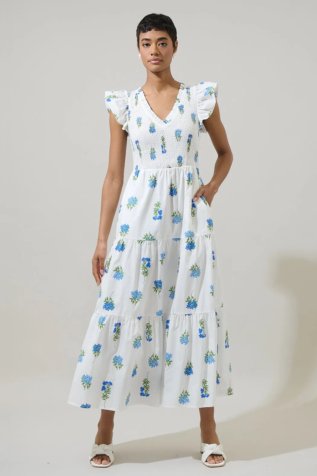 Jillian Floral Sunfire Tiered Midi Dress sold by Sugarlips