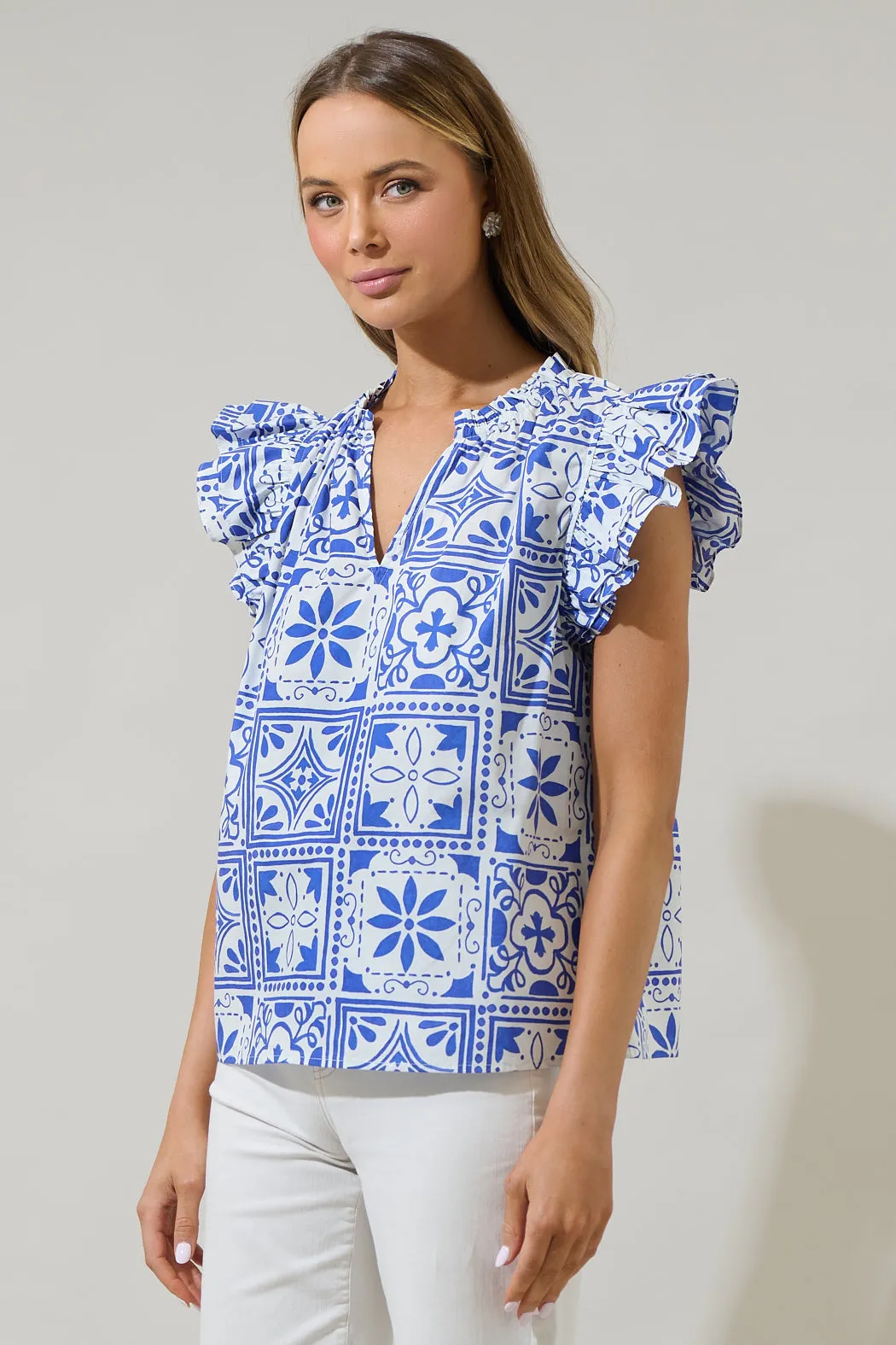 Arbor Tile Risette Ruffle Split Neck Top sold by Sugarlips product image thumbnail 3