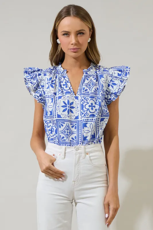 Arbor Tile Risette Ruffle Split Neck Top sold by Sugarlips
