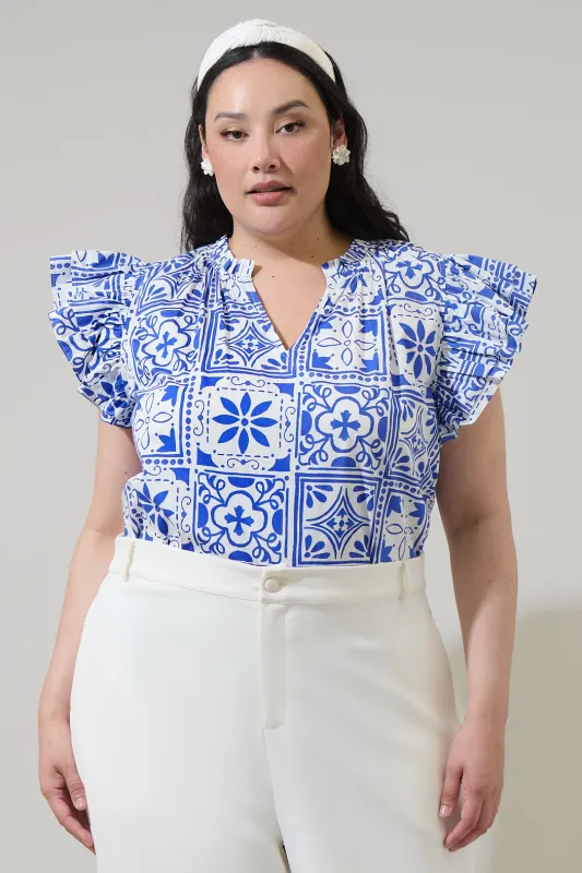 Arbor Tile Risette Ruffle Split Neck Top Curve sold by Sugarlips