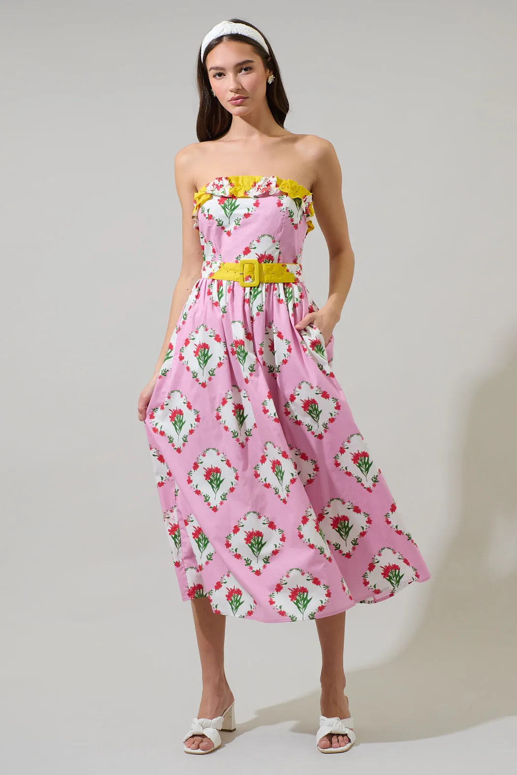 Maia Floral Strapless Ruffle Midi Dress sold by Sugarlips