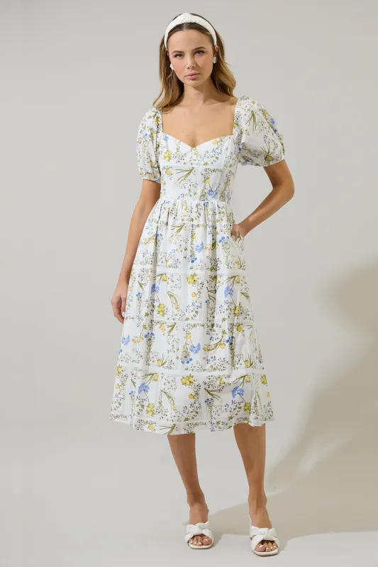 Cecily Floral Alessi Puff Sleeve Midi Dress sold by Sugarlips