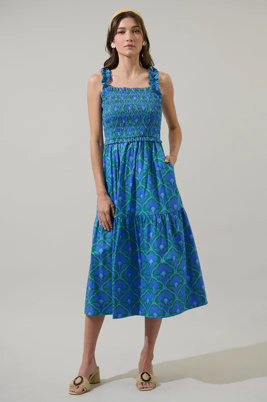 Sera Floral Ember Smocked Midi Dress sold by Sugarlips