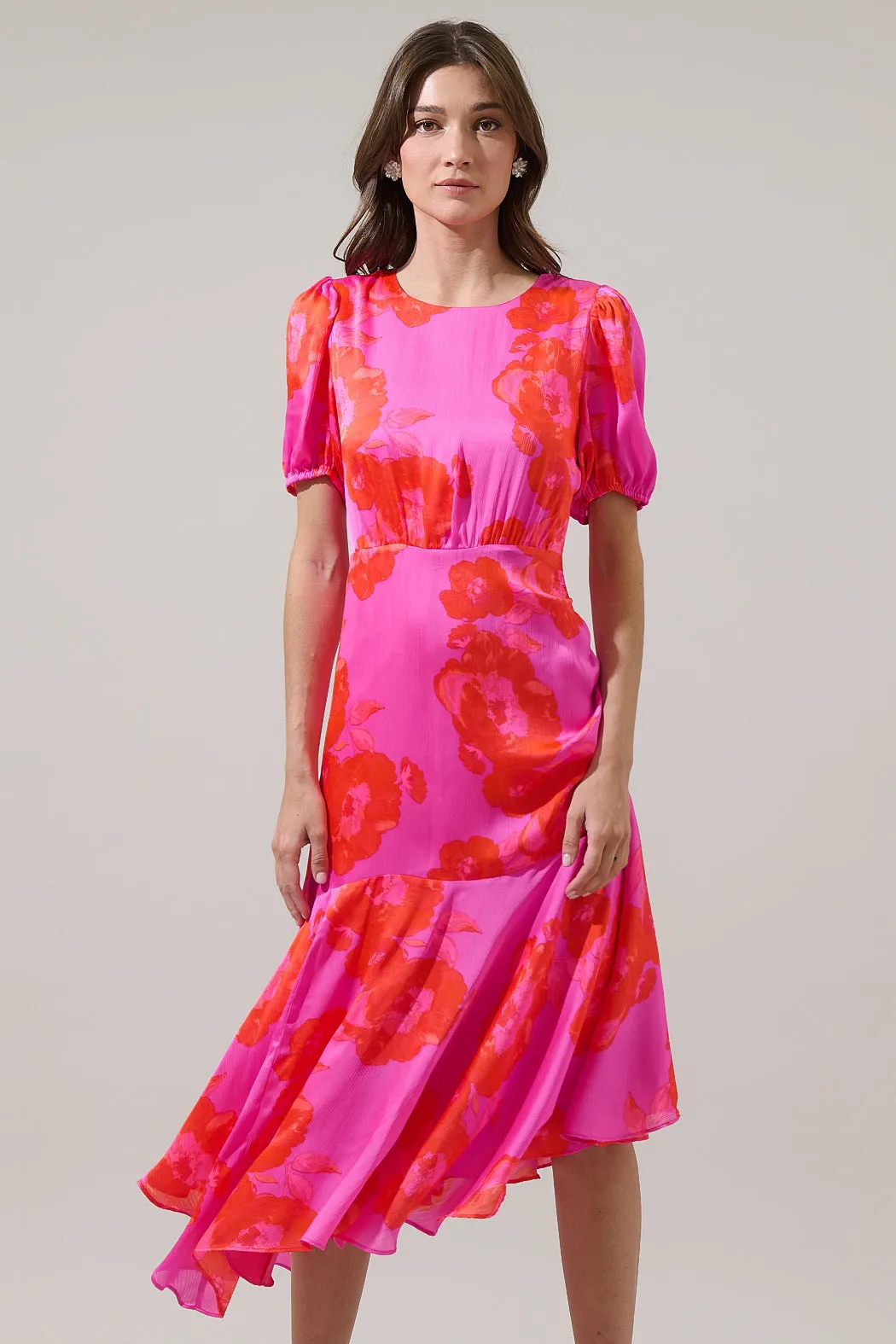 Lailah Floral Balboa Asymmetrical Midi Dress sold by Sugarlips
