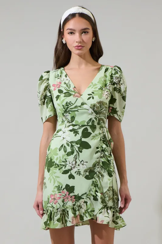 Zane Floral Angelonia Wrap Ruffle Mini Dress sold by Sugarlips