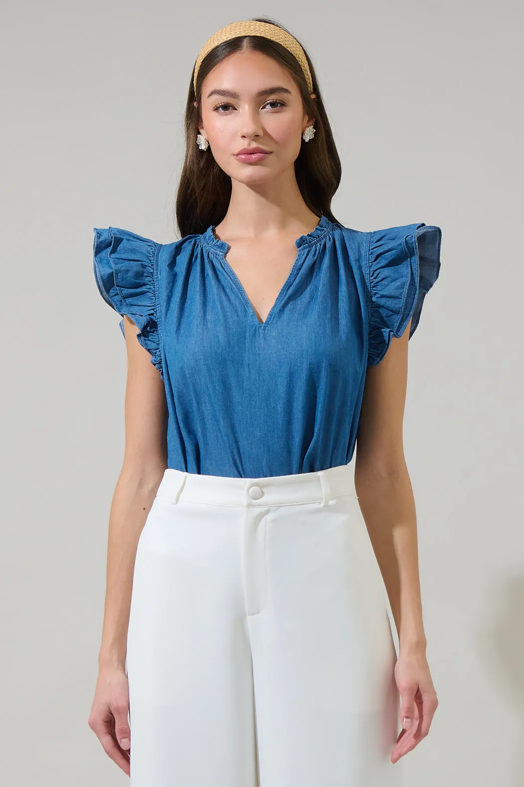 Haysville Risette Ruffle Split Neck Top sold by Sugarlips