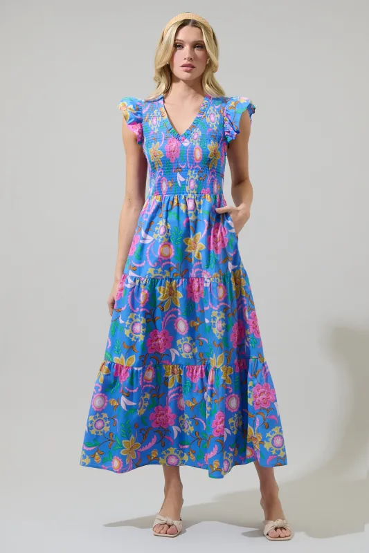 Faro Floral Sunfire Tiered Midi Dress sold by Sugarlips