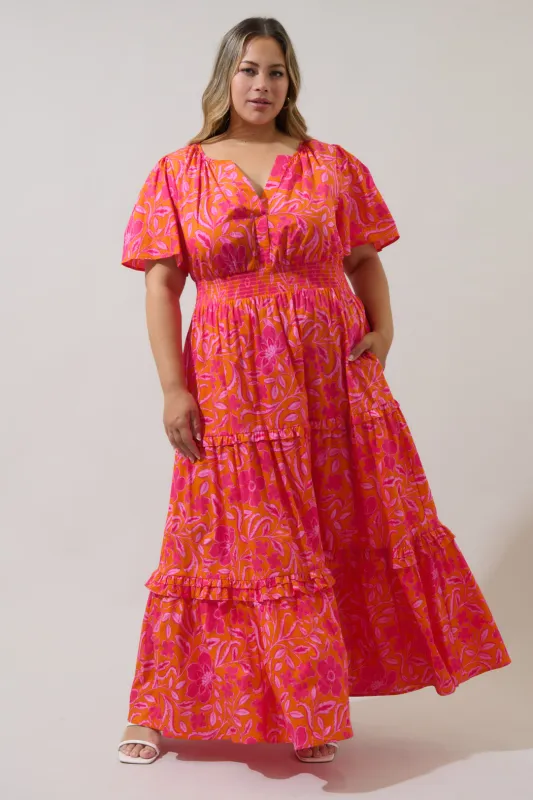 Rea Floral Palmer Poplin Tiered Maxi Dress Curve sold by Sugarlips