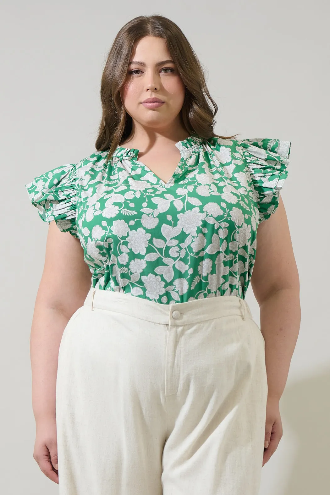 Baxley Floral Risette Ruffle Split Neck Top Curve sold by Sugarlips