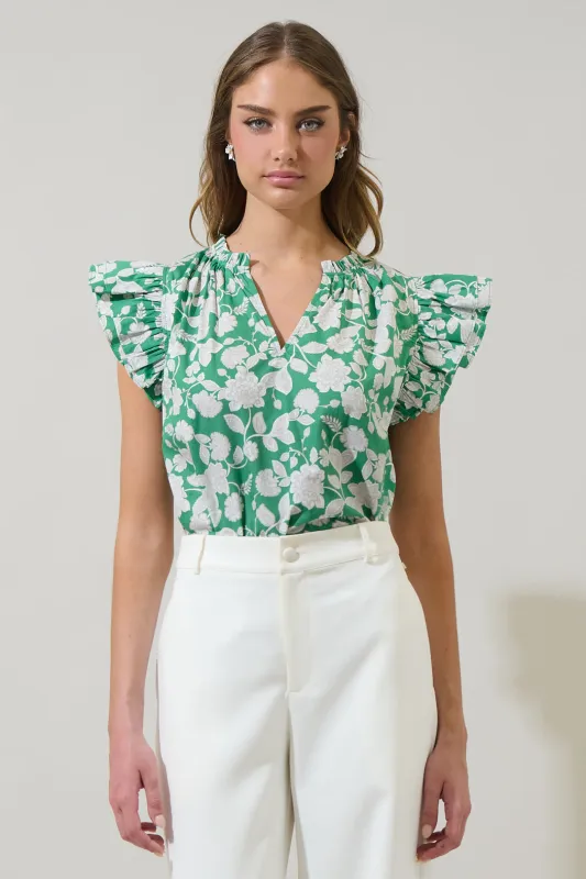 Baxley Floral Risette Ruffle Split Neck Top sold by Sugarlips