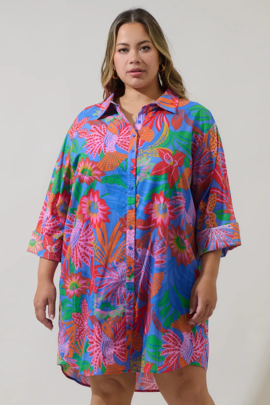 Cindal Floral Luba Oversized Shirt Mini Dress Curve sold by Sugarlips