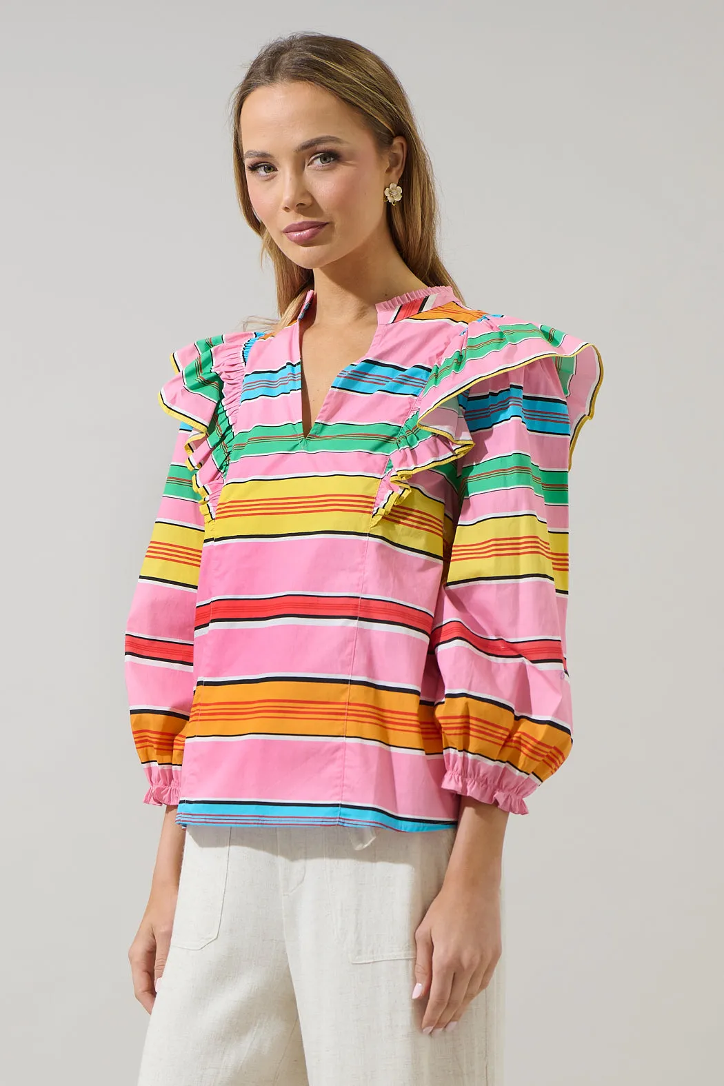 Viya Stripe Grayson Ruffle Split Neck Top sold by Sugarlips product image thumbnail 3