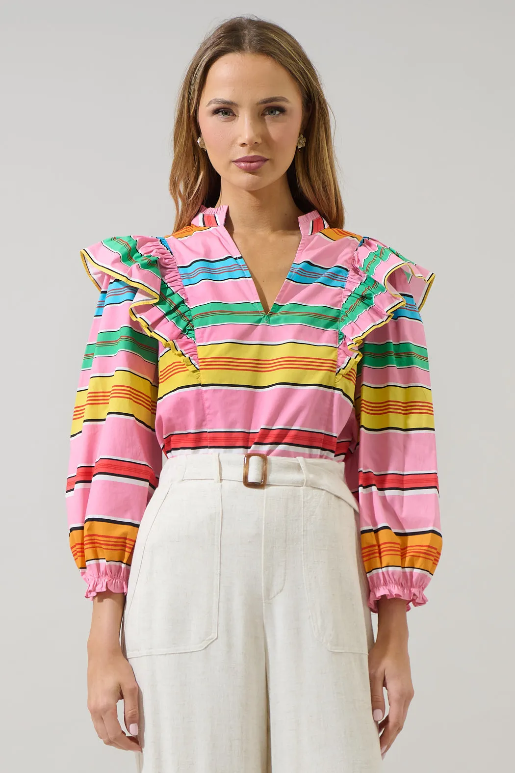 Viya Stripe Grayson Ruffle Split Neck Top sold by Sugarlips