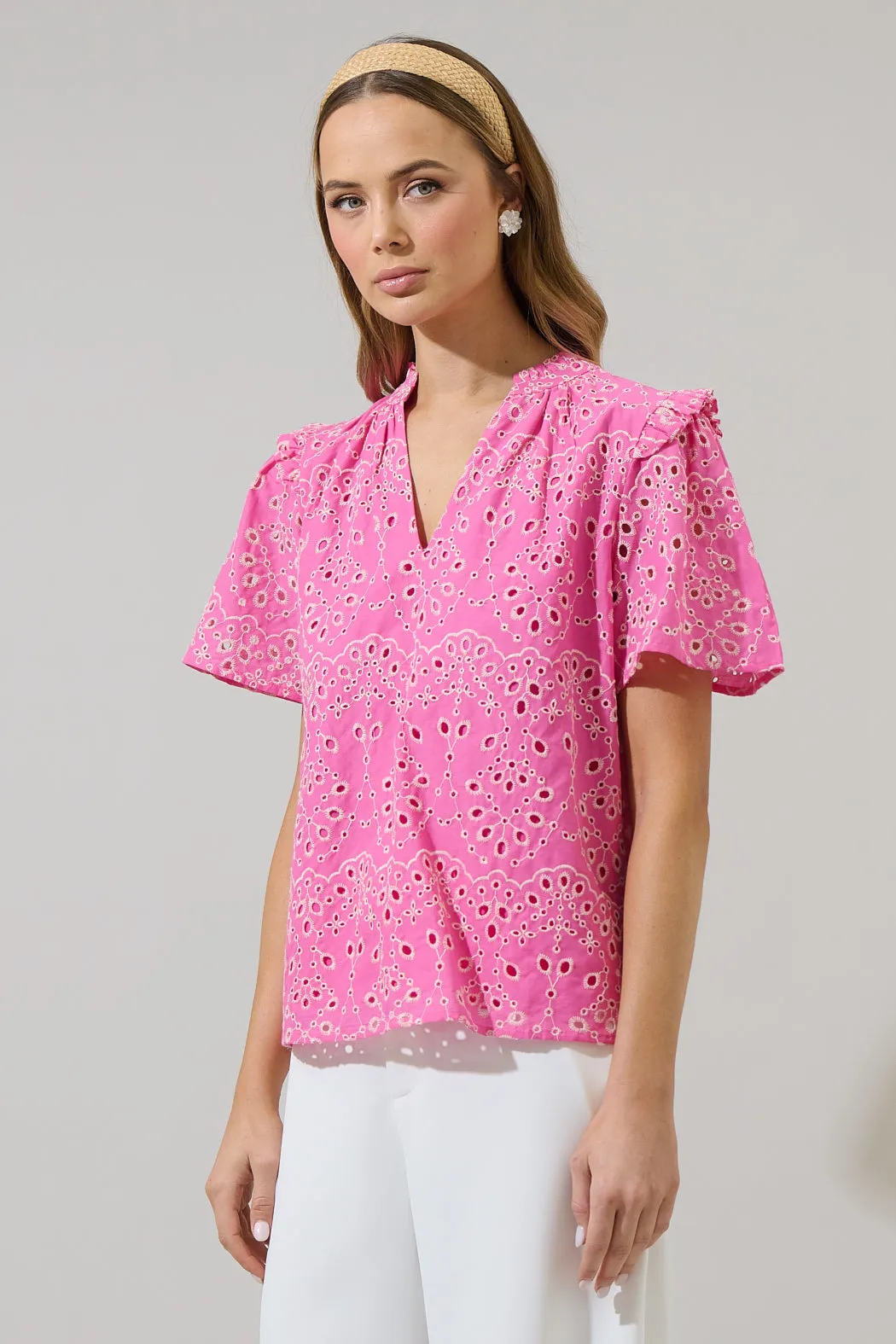 Rosie Eyelet Mei Split Neck Top sold by Sugarlips product image thumbnail 3