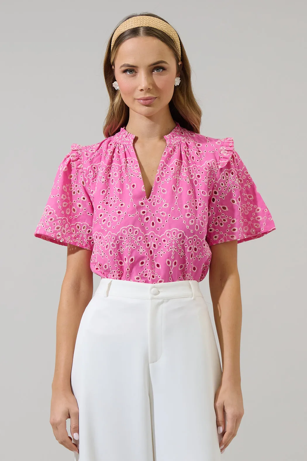 Rosie Eyelet Mei Split Neck Top sold by Sugarlips