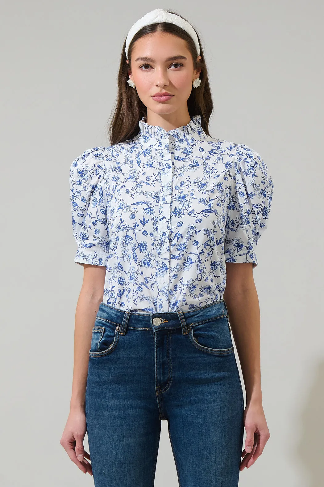 Kearny Floral Finley Ruffle Button Down Top sold by Sugarlips