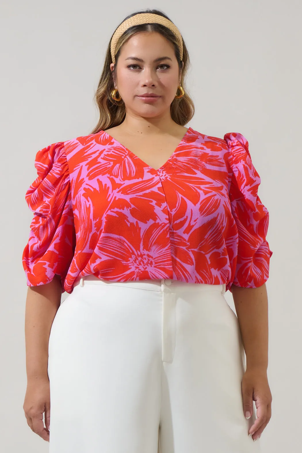 Rania Floral Chancellor Ruched Sleeve Blouse Curve sold by Sugarlips