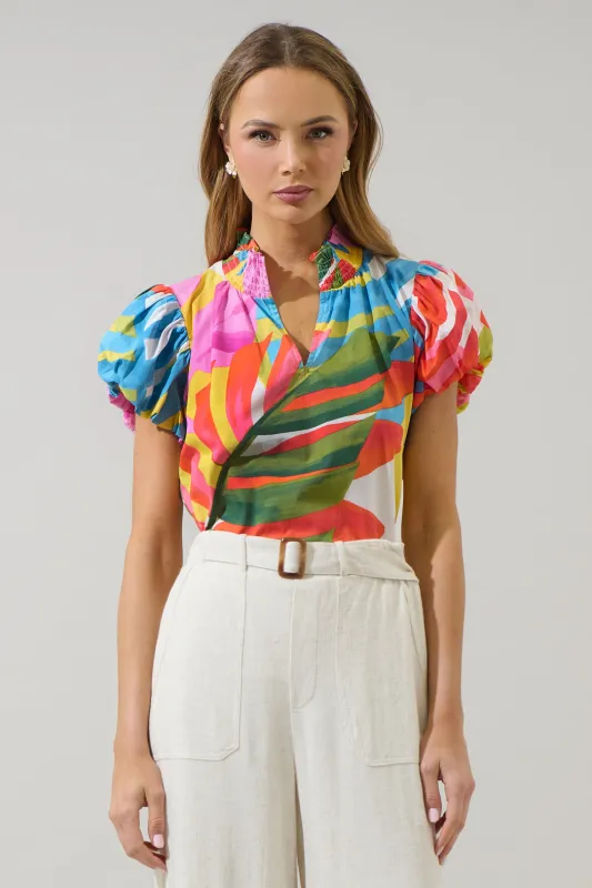 Breezy Palms Poly Smocked Top sold by Sugarlips