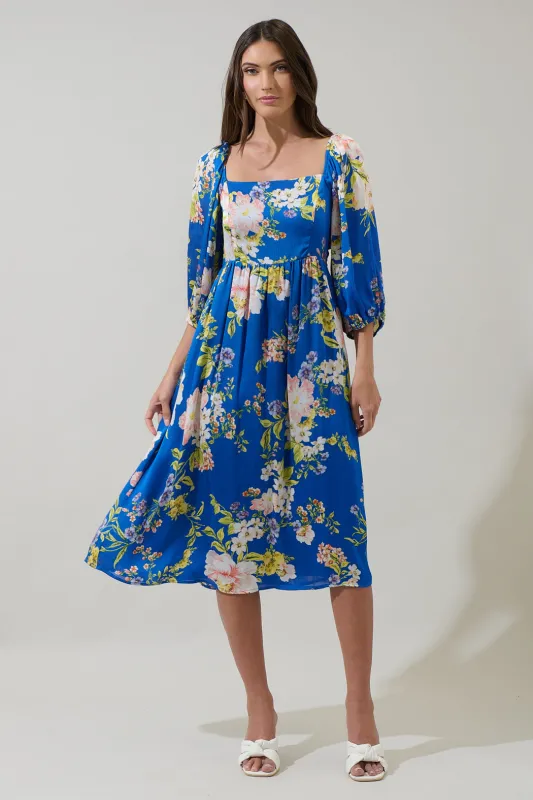 Solary Floral Amaretto Puff Sleeve Midi Dress sold by Sugarlips