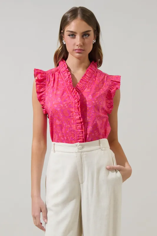 Cerise Floral Eviel Ruffle Blouse sold by Sugarlips