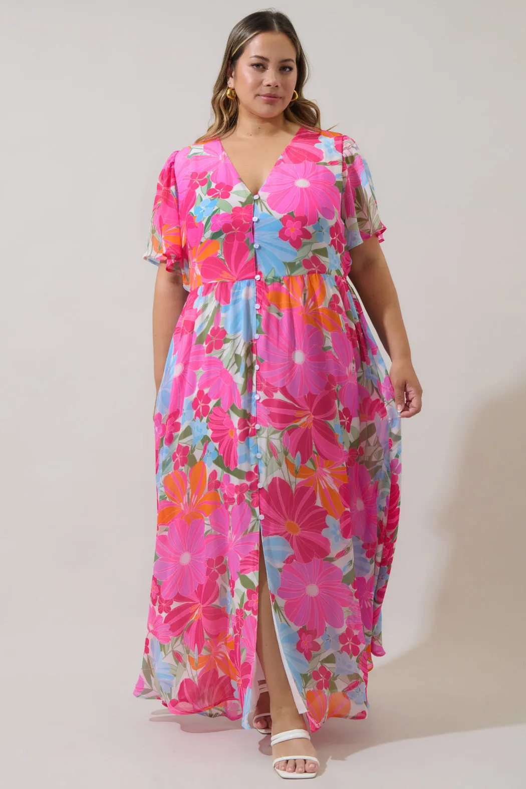 Calista Floral Linana Button Front Maxi Dress Curve sold by Sugarlips product image thumbnail 4
