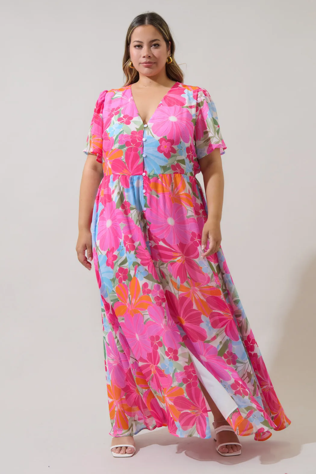 Calista Floral Linana Button Front Maxi Dress Curve sold by Sugarlips