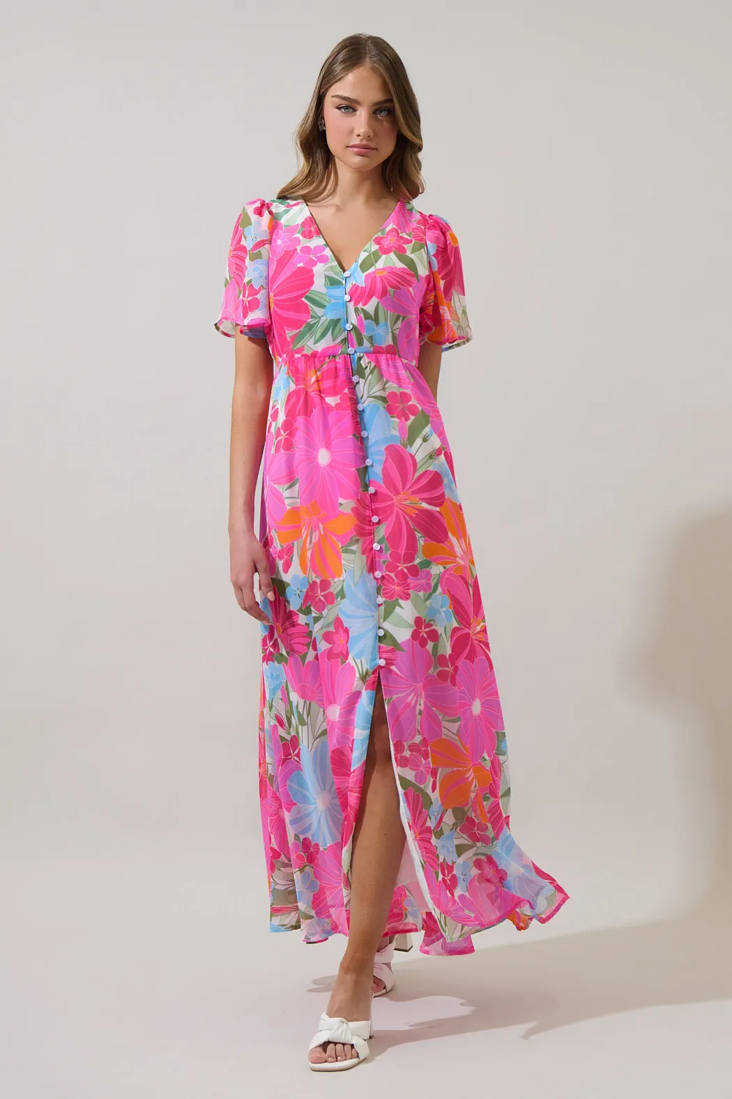 Calista Floral Linana Button Front Maxi Dress sold by Sugarlips product image thumbnail 4