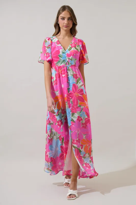 Calista Floral Linana Button Front Maxi Dress sold by Sugarlips