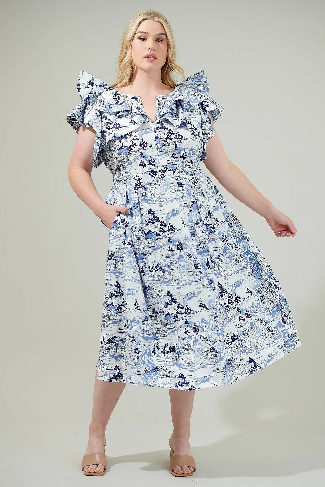 Francine Toile Sky Santana Tie Back Midi Dress Curve sold by Sugarlips