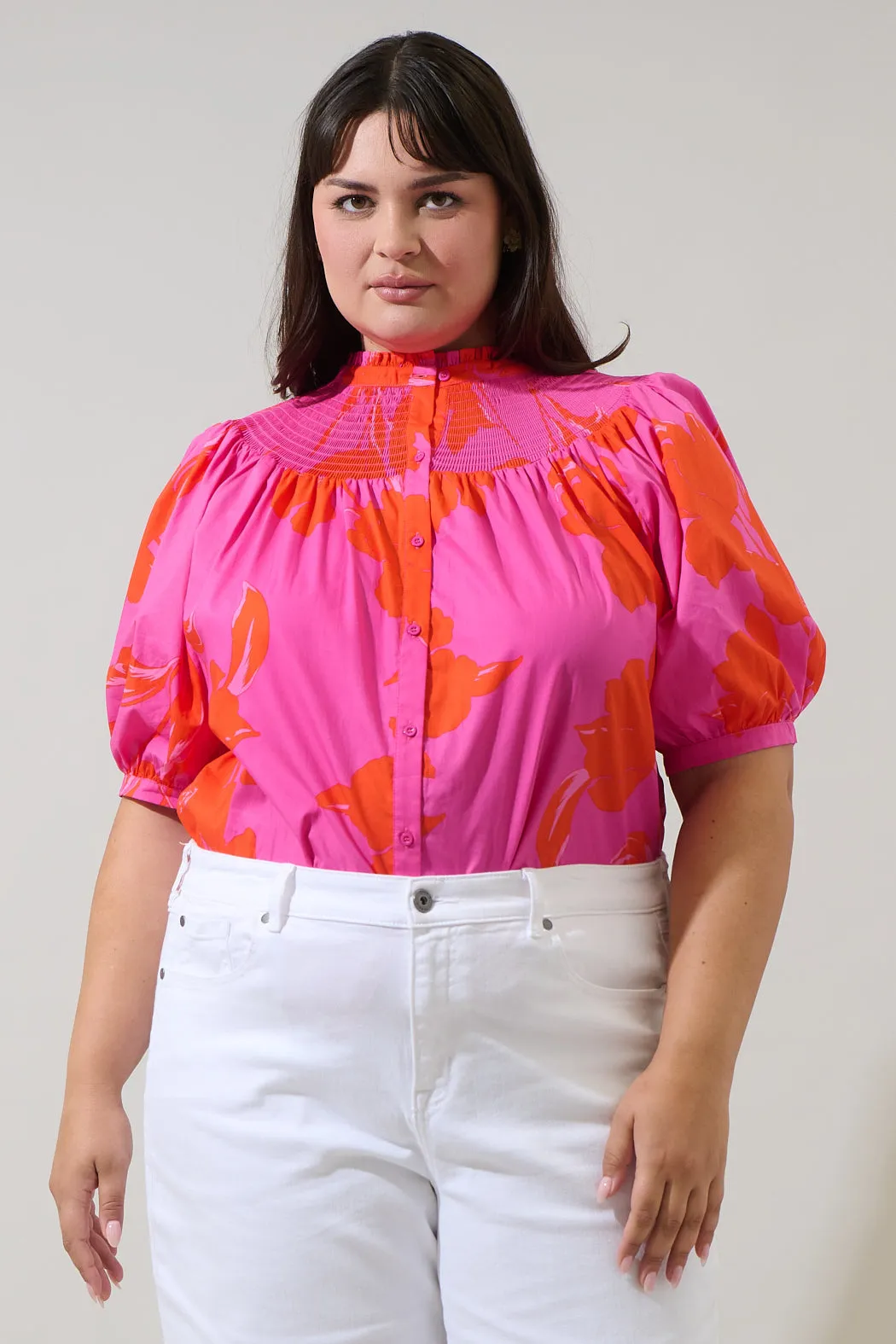 Aurea Floral Blossom Smocked Mock Neck Top Curve sold by Sugarlips