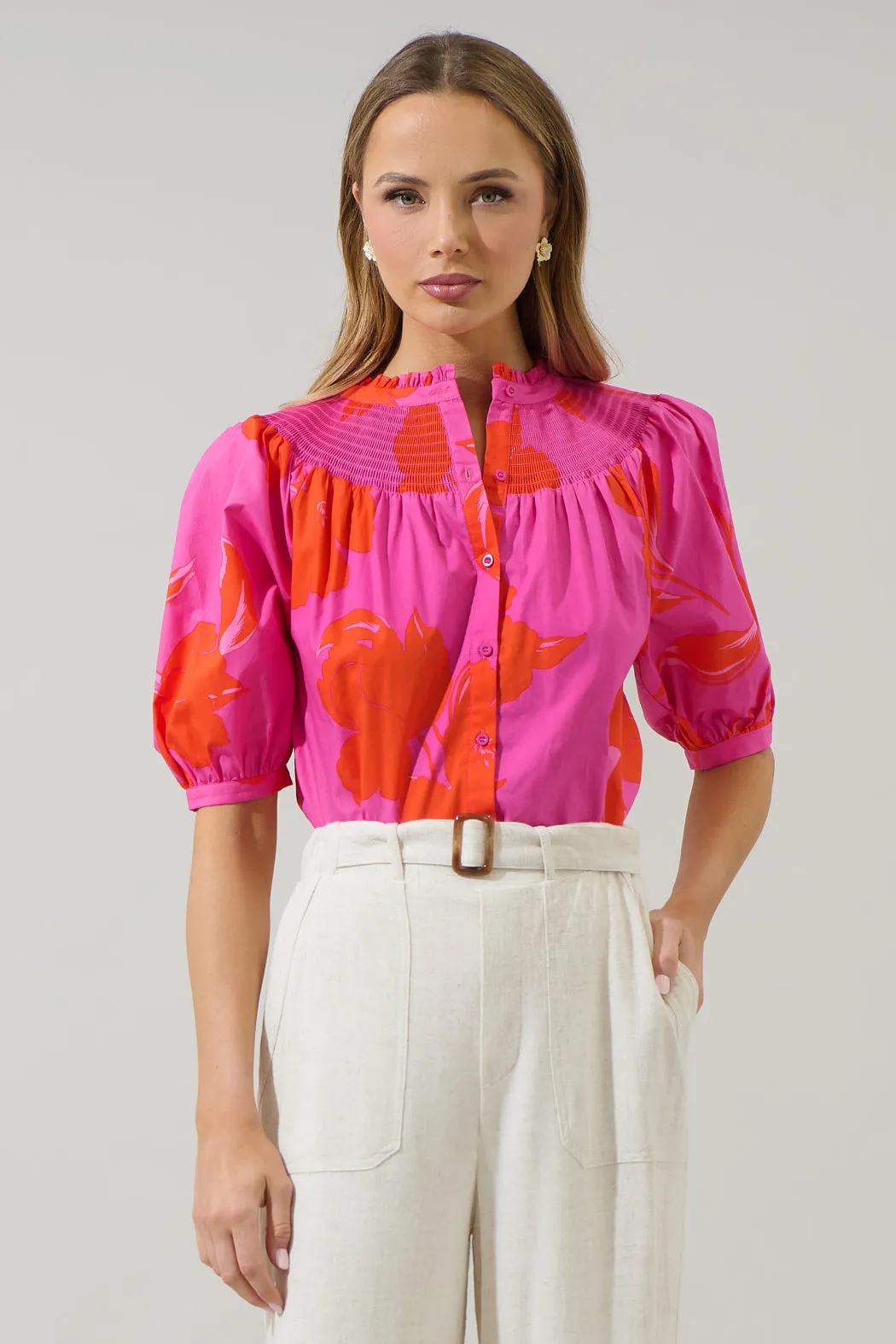 Aurea Floral Blossom Smocked Mock Neck Top sold by Sugarlips